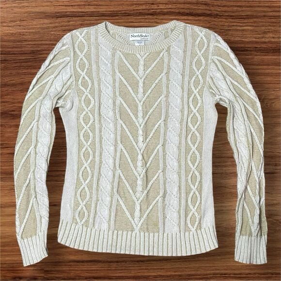 NorthStyle Sweaters - Northstyle Women’s M Open Cable Knit Sweater Pullover Cream 2-Tone Natural
